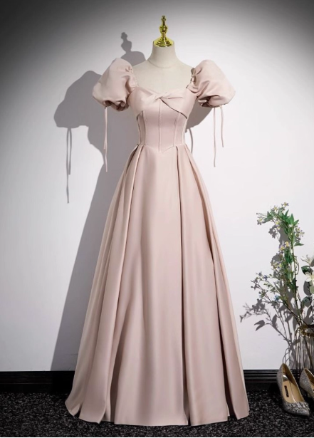 Sweet Pink A-line Square Neck Puff Sleeve Satin Long Prom Dress Evening Dress P4570