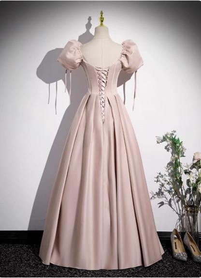 Süßes rosafarbenes A-Linien-Ballkleid mit eckigem Ausschnitt und Puffärmeln aus Satin, langes Abendkleid P4570