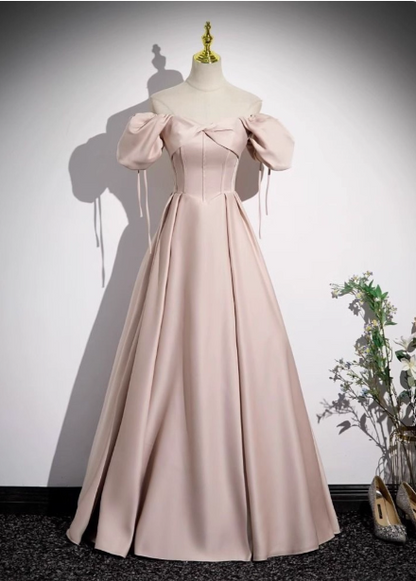 Süßes rosafarbenes A-Linien-Ballkleid mit eckigem Ausschnitt und Puffärmeln aus Satin, langes Abendkleid P4570
