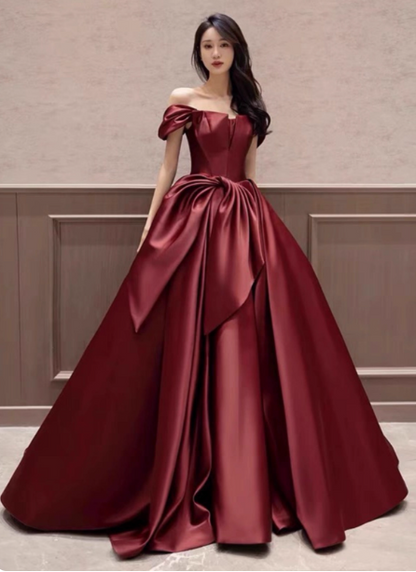 Elegantes burgunderrotes A-Linien Off-Shoulder Ballkleid aus Satin mit Schleife und Schleppe Abendkleid P4571