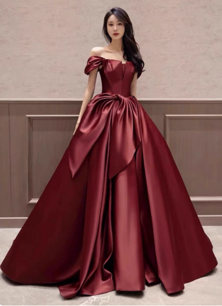 Elegant Burgundy A-line Off-the-shoulder Bow Satin Train Prom Dress Evening Dress P4571