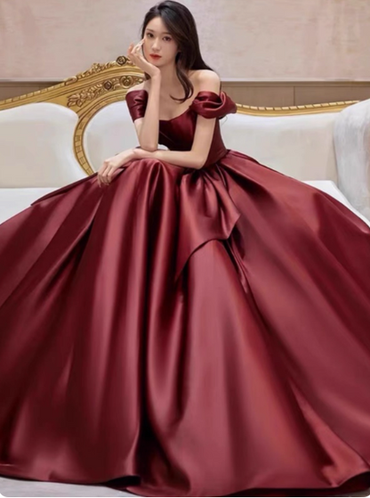 Elegantes burgunderrotes A-Linien Off-Shoulder Ballkleid aus Satin mit Schleife und Schleppe Abendkleid P4571