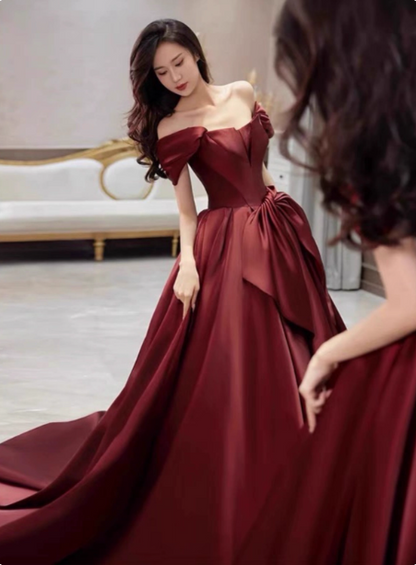 Elegantes burgunderrotes A-Linien Off-Shoulder Ballkleid aus Satin mit Schleife und Schleppe Abendkleid P4571