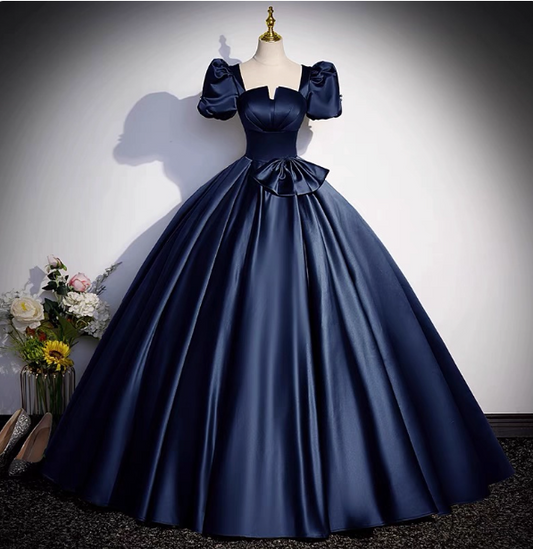 Elegant Navy Blue Square Neck Puff Sleeve Bow Satin Long Prom Dress Evening Dress P4572
