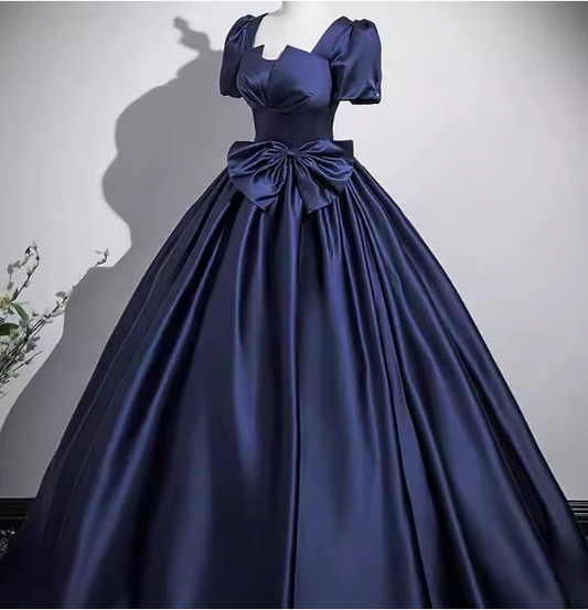 Elegant Navy Blue Square Neck Puff Sleeve Bow Satin Long Prom Dress Evening Dress P4572