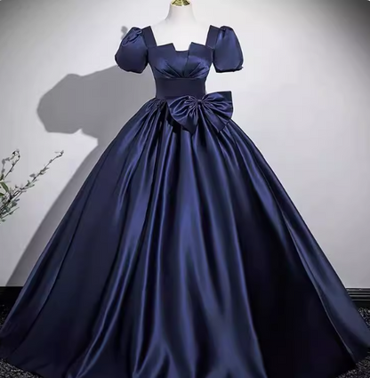Elegantes, marineblaues, quadratisches Dekolleté, Puffärmel, Schleife, Satin, langes Ballkleid, Abendkleid P4572