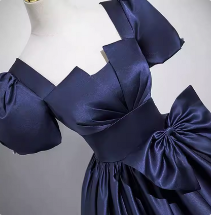 Elegantes, marineblaues, quadratisches Dekolleté, Puffärmel, Schleife, Satin, langes Ballkleid, Abendkleid P4572