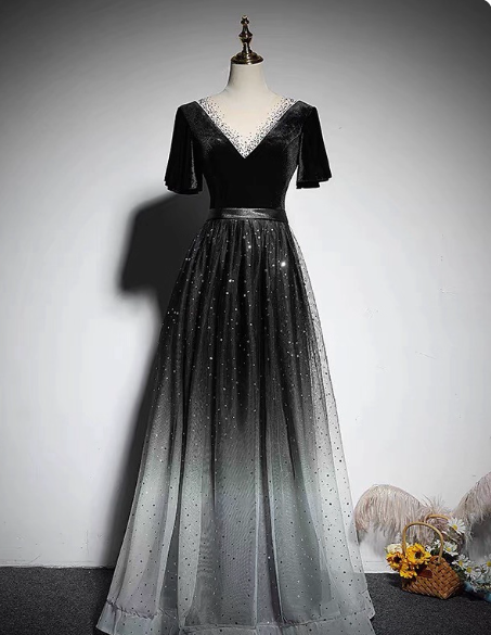 Vintage Black-Gray Gradient A-line V-neck Velvet Tulle Long Prom Dress Evening Dress P4573