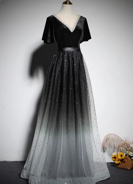 Vintage Black-Gray Gradient A-line V-neck Velvet Tulle Long Prom Dress Evening Dress P4573