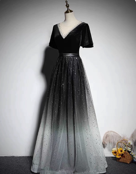 Vintage Black-Gray Gradient A-line V-neck Velvet Tulle Long Prom Dress Evening Dress P4573