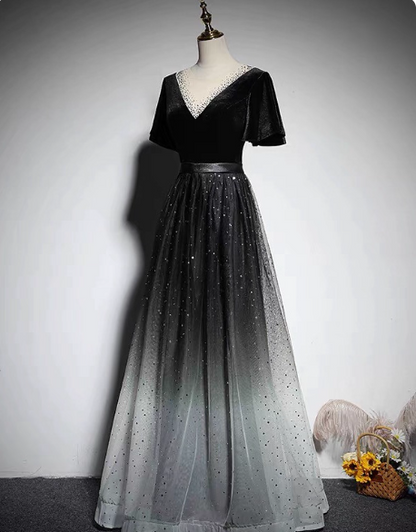 Vintage Schwarz-Grau Farbverlauf A-Linie V-Ausschnitt Samt Tüll Langes Ballkleid Abendkleid P4573
