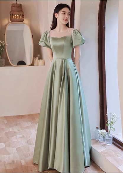 Elegantes grünes A-Linien-Satin-Abendkleid mit Puffärmeln, langes Ballkleid, BrautjungfernkleidP4574