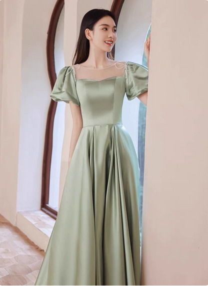 Elegantes grünes A-Linien-Satin-Abendkleid mit Puffärmeln, langes Ballkleid, BrautjungfernkleidP4574