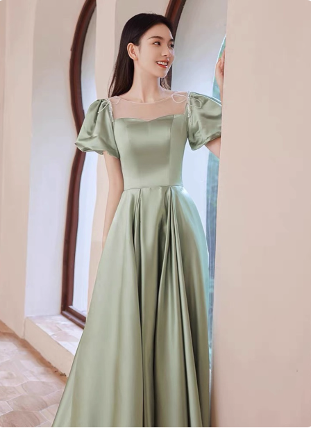 Elegant Green A-line Puff Sleeve Satin Long Prom Dress Evening Dress Bridesmaid DressP4574