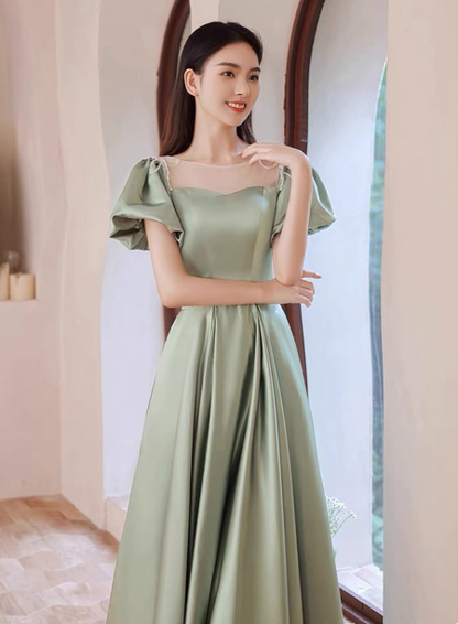 Elegantes grünes A-Linien-Satin-Abendkleid mit Puffärmeln, langes Ballkleid, BrautjungfernkleidP4574