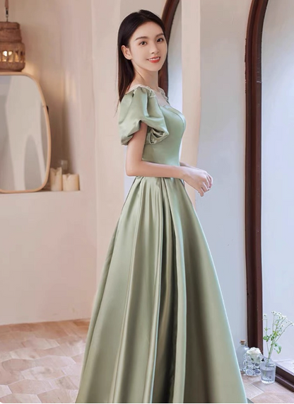 Elegantes grünes A-Linien-Satin-Abendkleid mit Puffärmeln, langes Ballkleid, BrautjungfernkleidP4574