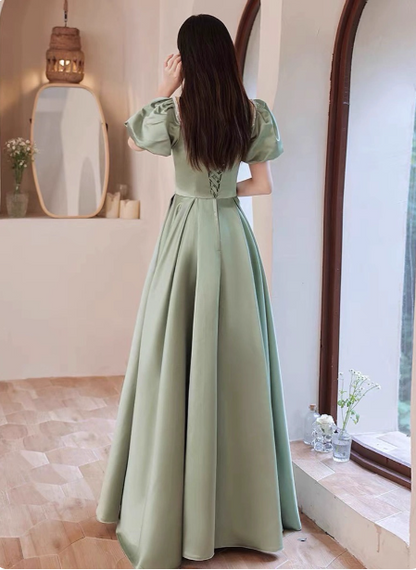 Elegantes grünes A-Linien-Satin-Abendkleid mit Puffärmeln, langes Ballkleid, BrautjungfernkleidP4574