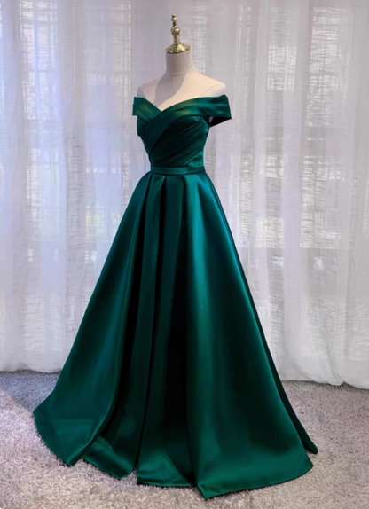 Vintage Smaragdgrünes A-Linien Off-Shoulder Satin Langes Ballkleid Abendkleid P4575