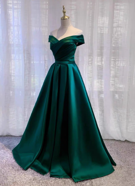 Vintage Emerald Green A-line Off-the-shoulder Satin Long Prom Dress Evening Dress P4575