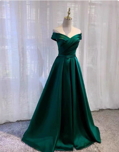 Vintage Smaragdgrünes A-Linien Off-Shoulder Satin Langes Ballkleid Abendkleid P4575