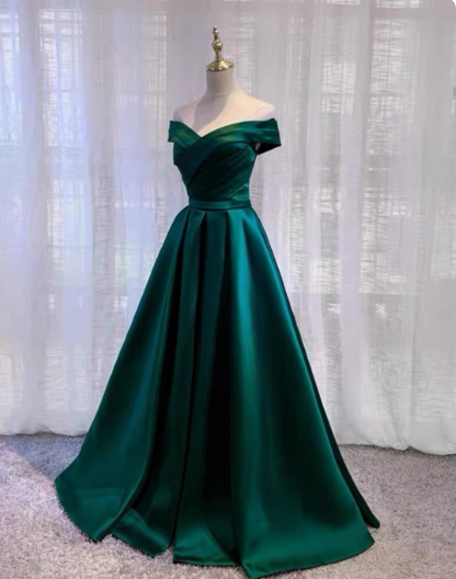 Vintage Smaragdgrünes A-Linien Off-Shoulder Satin Langes Ballkleid Abendkleid P4575