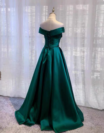 Vintage Smaragdgrünes A-Linien Off-Shoulder Satin Langes Ballkleid Abendkleid P4575