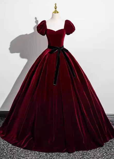Vintage Burgundy A-line Puff Sleeve Velvet Long Prom Dress Evening Dress P4576