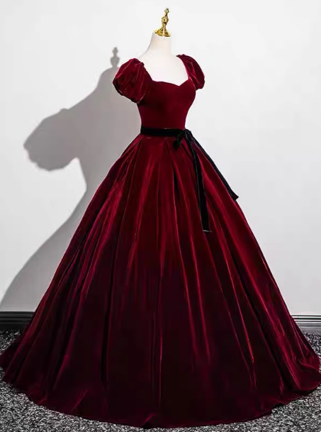 Vintage Burgundy A-line Puff Sleeve Velvet Long Prom Dress Evening Dress P4576