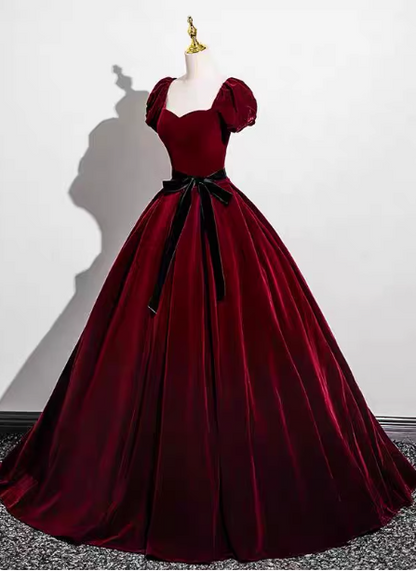 Vintage Burgund A-Linie Puffärmel Samt Langes Ballkleid Abendkleid P4576