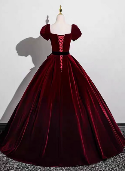 Vintage Burgund A-Linie Puffärmel Samt Langes Ballkleid Abendkleid P4576