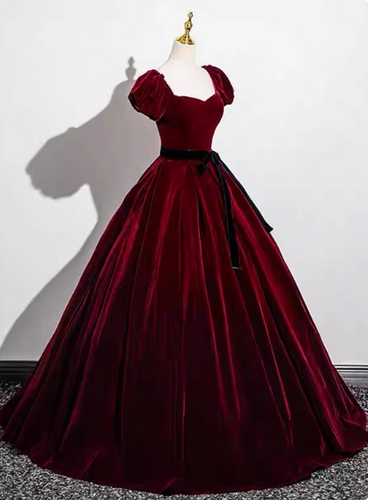 Vintage Burgund A-Linie Puffärmel Samt Langes Ballkleid Abendkleid P4576