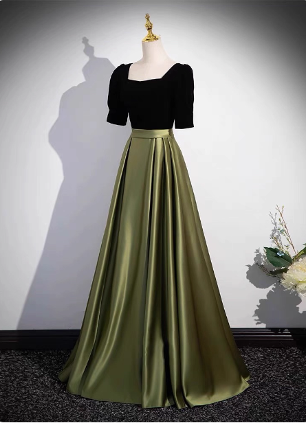 Elegant Color Block Black & Green Square Neck Short Sleeve Velvet Satin Long Prom Dress Evening Dress P4577