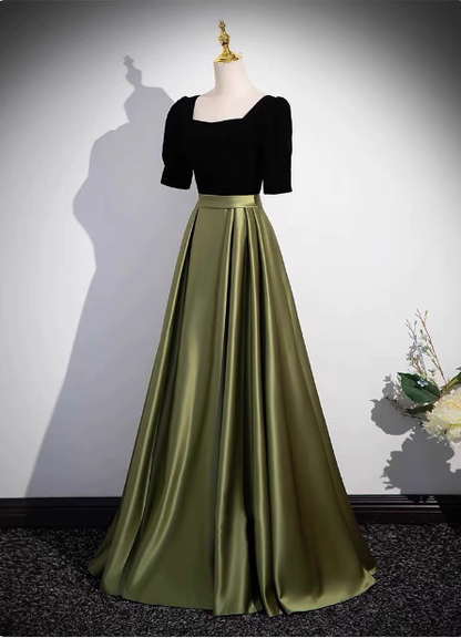 Elegantes Farbblock-Abendkleid aus Samt und Satin in Schwarz und Grün mit eckigem Ausschnitt und kurzen Ärmeln P4577