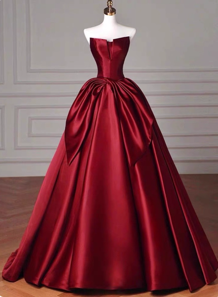 Elegant Burgundy A-line Strapless Satin Train Prom Dress Evening Dress P4578