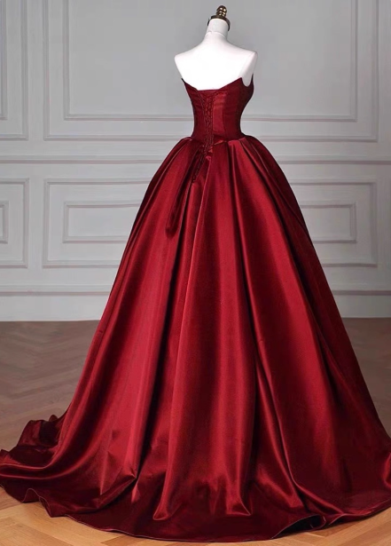 Elegant Burgundy A-line Strapless Satin Train Prom Dress Evening Dress P4578