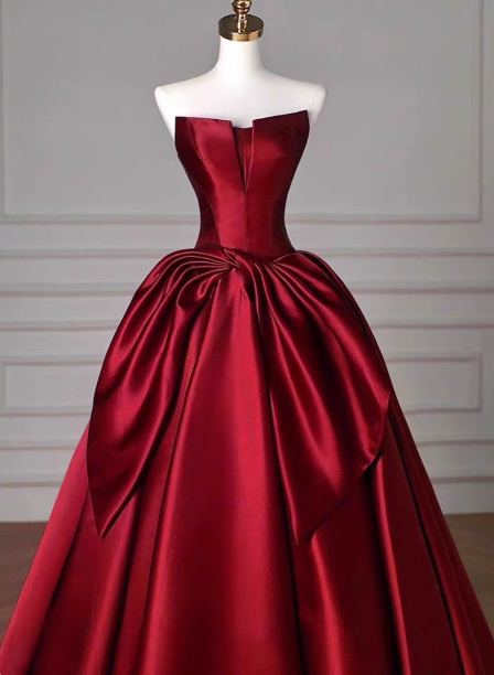 Elegant Burgundy A-line Strapless Satin Train Prom Dress Evening Dress P4578