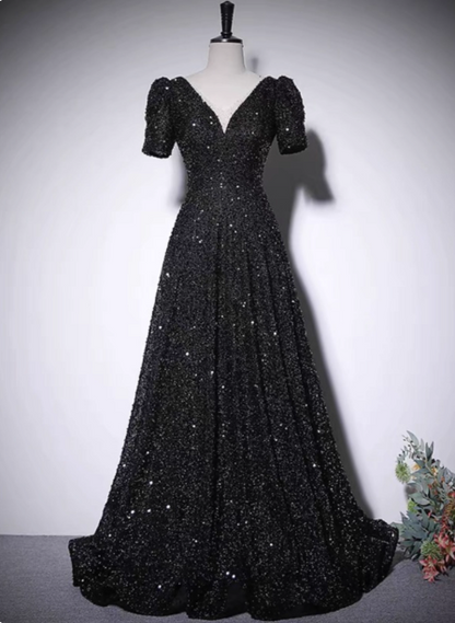 Glitzerndes schwarzes A-Linien V-Ausschnitt Kurzarm Pailletten Langes Ballkleid Abendkleid P4579