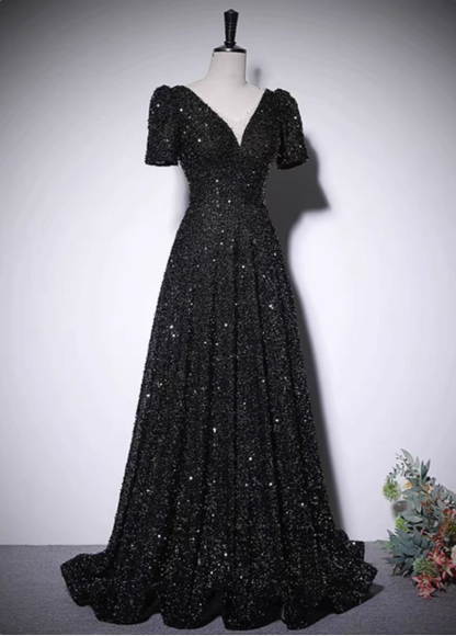 Glitzerndes schwarzes A-Linien V-Ausschnitt Kurzarm Pailletten Langes Ballkleid Abendkleid P4579