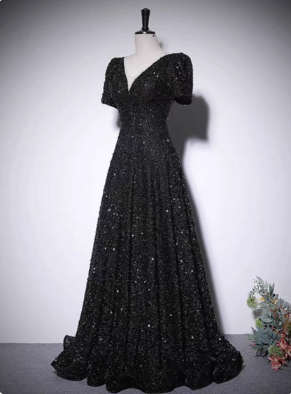 Glitzerndes schwarzes A-Linien V-Ausschnitt Kurzarm Pailletten Langes Ballkleid Abendkleid P4579