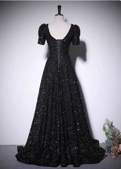 Glitzerndes schwarzes A-Linien V-Ausschnitt Kurzarm Pailletten Langes Ballkleid Abendkleid P4579