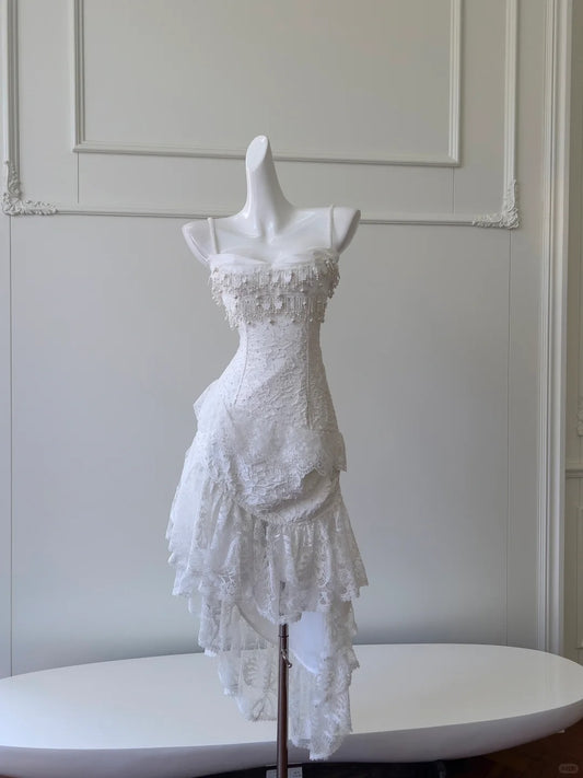 Vintage Gorgeous White Irregular Strap Pearl Lace Prom Dress Evening Dress Bridesmaid Dress P4058