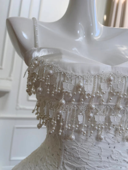 Vintage Wunderschönes weißes, unregelmäßiges Träger-Perlen-Spitzen-Ballkleid Abendkleid Brautjungfernkleid P4058