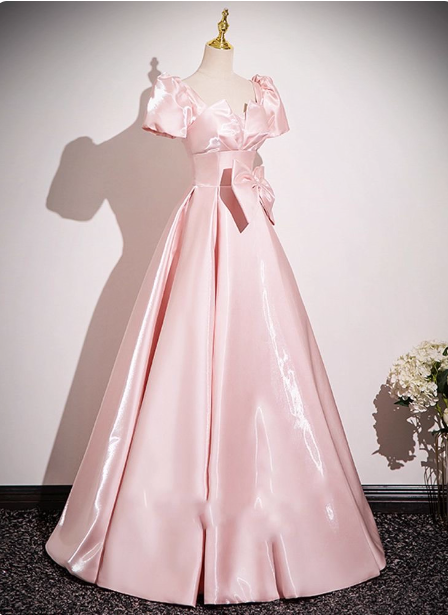 Sweet Princess Pink A-line Short Sleeve Bow Satin Long Prom Dress Evening Dress P4580