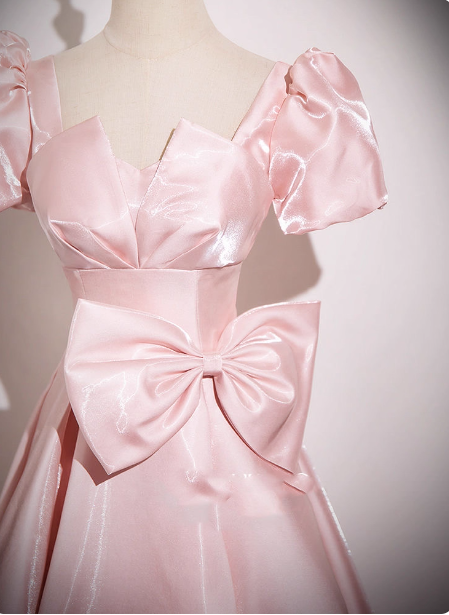 Sweet Princess Pink A-line Short Sleeve Bow Satin Long Prom Dress Evening Dress P4580