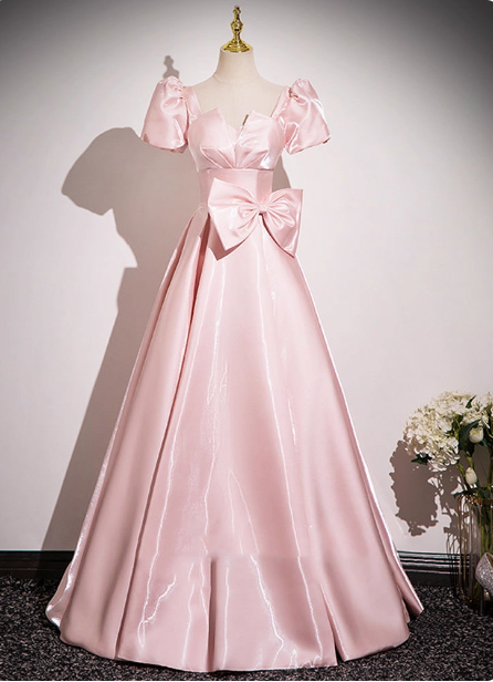 Sweet Princess Pink A-line Short Sleeve Bow Satin Long Prom Dress Evening Dress P4580