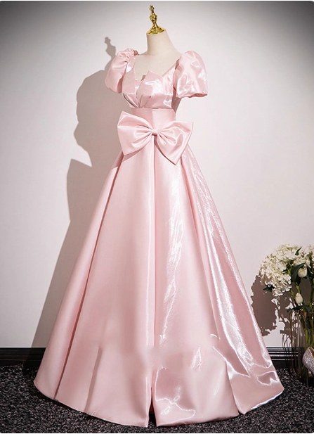 Sweet Princess Pink A-line Short Sleeve Bow Satin Long Prom Dress Evening Dress P4580