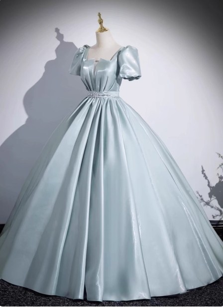 Elegant Light Cyan Square Neck Short Sleeve Satin Long Prom Dress Evening Dress P4581