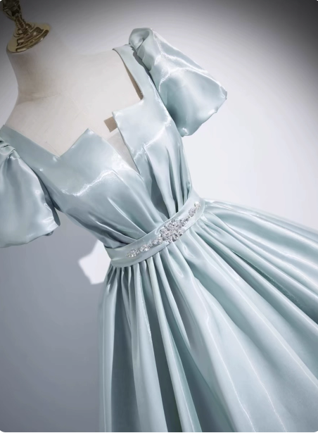 Elegant Light Cyan Square Neck Short Sleeve Satin Long Prom Dress Evening Dress P4581