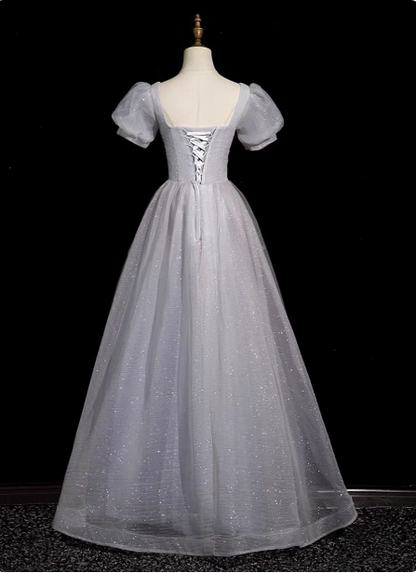 Verträumtes hellviolettes A-Linien-Abendkleid mit quadratischem Ausschnitt, kurzen Ärmeln, Tüll und langer Ballsaal-Abendrobe P4582