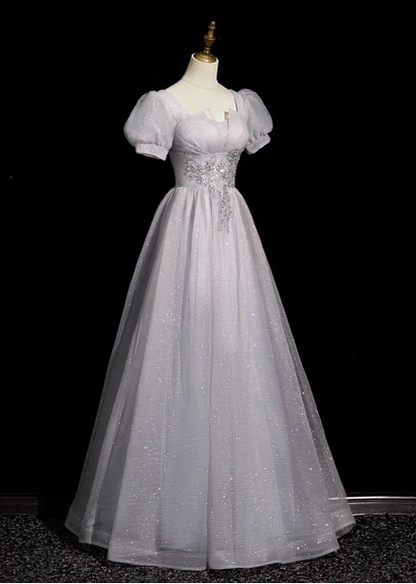 Verträumtes hellviolettes A-Linien-Abendkleid mit quadratischem Ausschnitt, kurzen Ärmeln, Tüll und langer Ballsaal-Abendrobe P4582